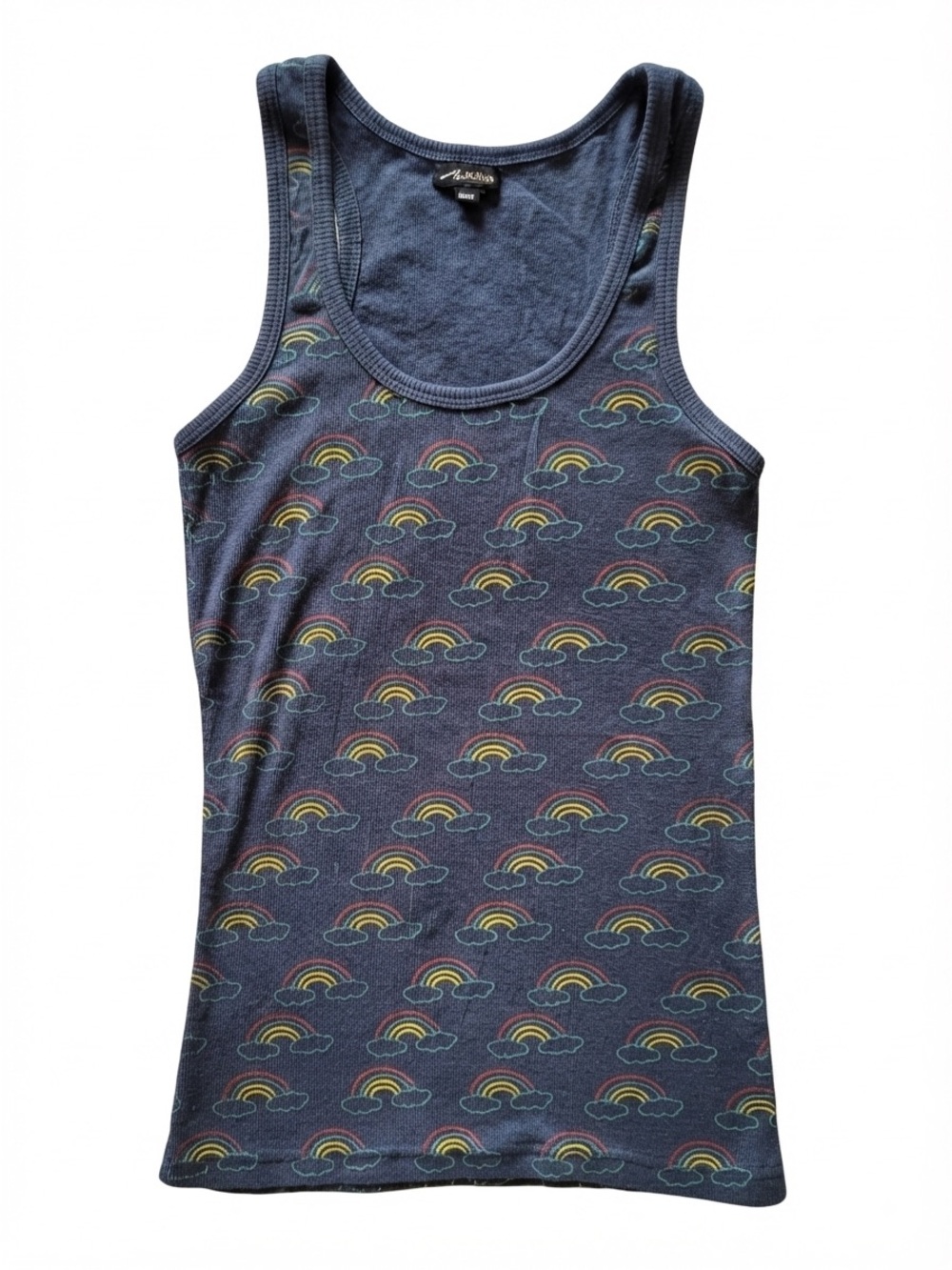 Ardene Rainbow Printed Navy Blue Ribbed Racerback Tank Top M